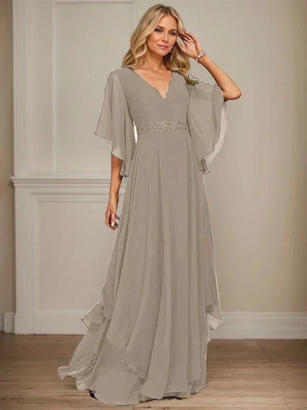 A-line V-Neck Floor-Length Chiffon Mother of the Bride Dress With Sequins Appliques Lace Beading by Dreamylily