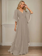 A-line V-Neck Floor-Length Chiffon Mother of the Bride Dress With Sequins Appliques Lace Beading by Dreamylily
