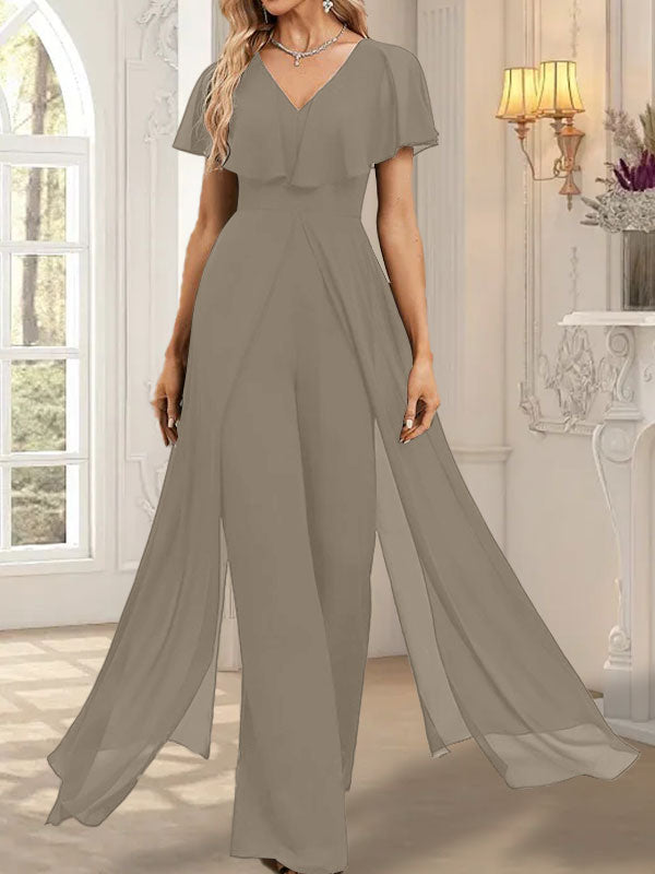 Jumpsuit/Pantsuit V-Neck Floor-Length Chiffon Evening Dress