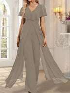 Jumpsuit/Pantsuit V-Neck Floor-Length Chiffon Evening Dress