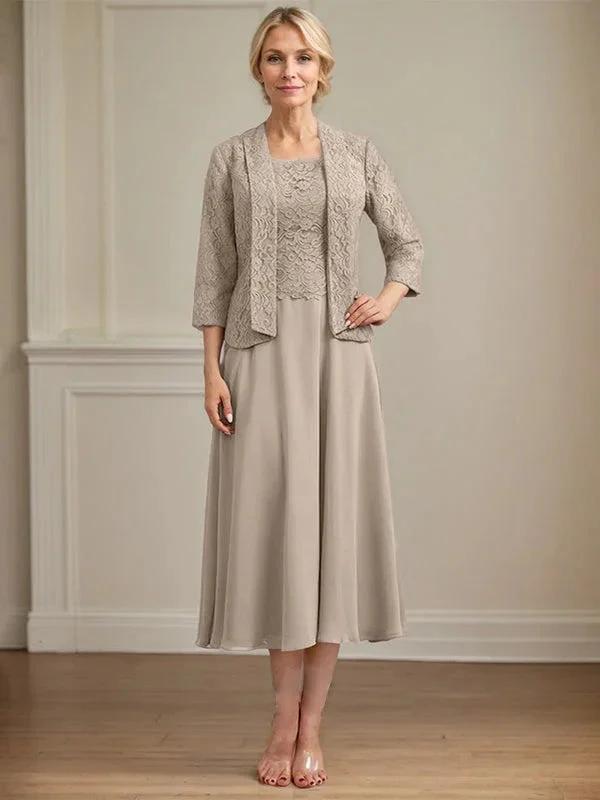 A-line Scoop Tea-Length Lace Chiffon Mother of the Bride Dress by Dreamylily