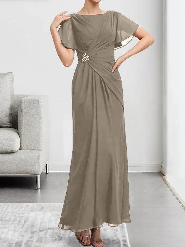 A-line Scoop Ankle-Length Chiffon Mother of the Bride Dress With Beading Pleated by Dreamylily
