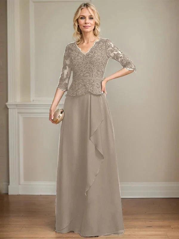 A-line V-Neck Floor-Length Lace Chiffon Mother of the Bride Dress With Cascading Ruffles Sequins by Dreamylily