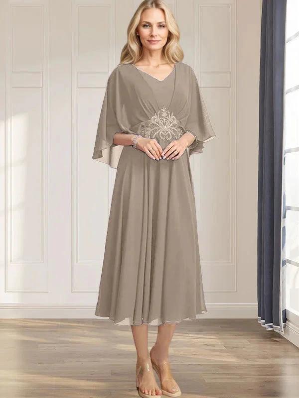 A-line V-Neck Tea-Length Chiffon Mother of the Bride Dress With Pleated Sequins Appliques Lace Beadind by Dreamylily