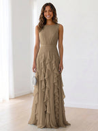 Sleeveless Tiered Chiffon Maxi Evening Gown with Ruched Bodice
