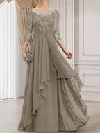 A-line Scoop Illusion Floor-Length Lace Chiffon Mother of the Bride Dress With Cascading Ruffles by Dreamylily