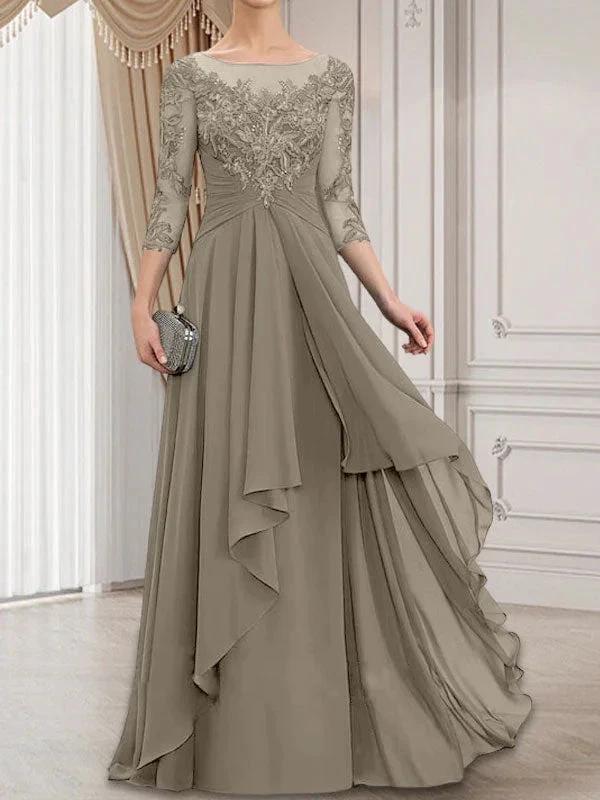 A-line Scoop Illusion Floor-Length Lace Chiffon Mother of the Bride Dress With Cascading Ruffles by Dreamylily