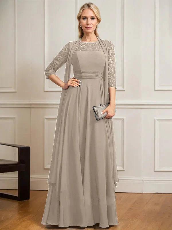 A-line Scoop Illusion Floor-Length Lace Chiffon Mother of the Bride Dress With Pleated by Dreamylily