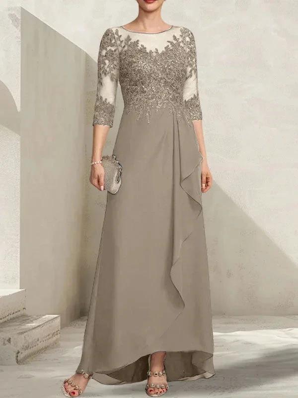 A-line Scoop Illusion Asymmetrical Lace Chiffon Mother of the Bride Dress With Sequins Cascading Ruffles by Dreamylily