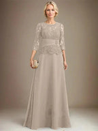 A-line Scoop Illusion Floor-Length Chiffon Lace Mother of the Bride Dress With Pleated Sequins Beading by Dreamylily