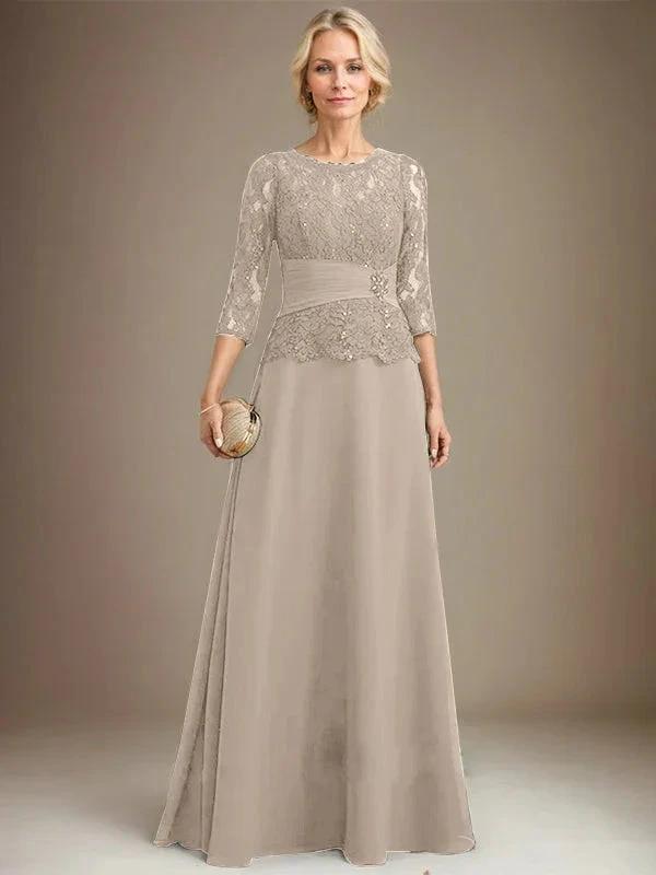 A-line Scoop Illusion Floor-Length Chiffon Lace Mother of the Bride Dress With Pleated Sequins Beading by Dreamylily