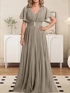 A-line V-Neck Floor-Length Chiffon Mother of the Bride Dress With Crystal Brooch Pleated by Dreamylily