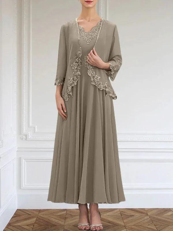 A-line V-Neck Ankle-Length Chiffon Mother of the Bride Dress With Sequins Appliques Lace Beading by Dreamylily
