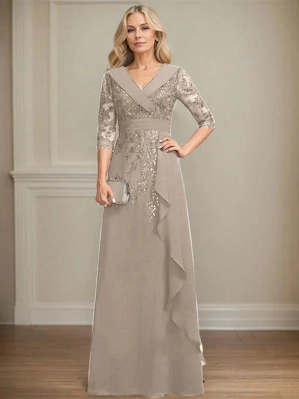 A-line Collared V-Neck Floor-Length Lace Chiffon Mother of the Bride Dress With Sequins Cascading Ruffles by Dreamylily