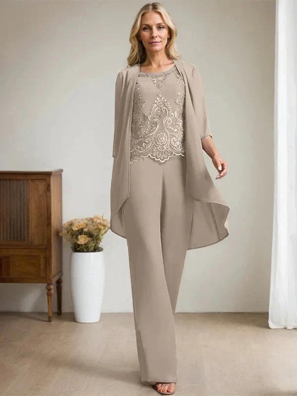 Separates Jumpsuit/Pantsuit Scoop Floor-Length Chiffon Lace Mother of the Bride Dress With Beading Sequins by Dreamylily