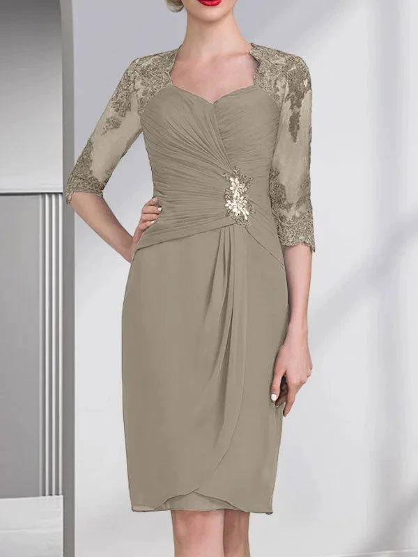 Sheath/Column Sweetheart Knee-Length Chiffon Mother of the Bride Dress With Beading Appliques Lace Sequins Pleated by Dreamylily