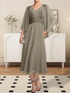 A-line V-Neck Tea-Length Chiffon Lace Mother of the Bride Dress With Beading Sequins by Dreamylily