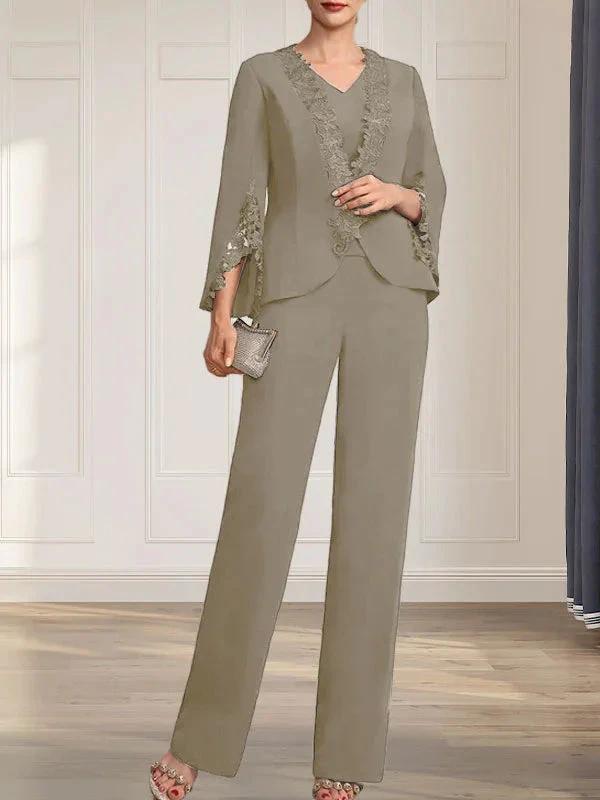 Separates Jumpsuit/Pantsuit V-Neck Floor-Length Chiffon Mother of the Bride Dress by Dreamylily