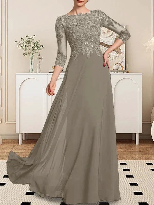 A-line Scoop Floor-Length Lace Chiffon Mother of the Bride Dress With Sequins by Dreamylily
