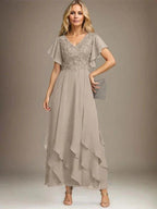 A-line V-Neck Ankle-Length Lace Chiffon Mother of the Bride Dress With Cascading Ruffles by Dreamylily