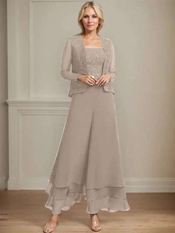 Separates Jumpsuit/Pantsuit Square Ankle-Length Lace Chiffon Mother of the Bride Dress With Sequins by Dreamylily