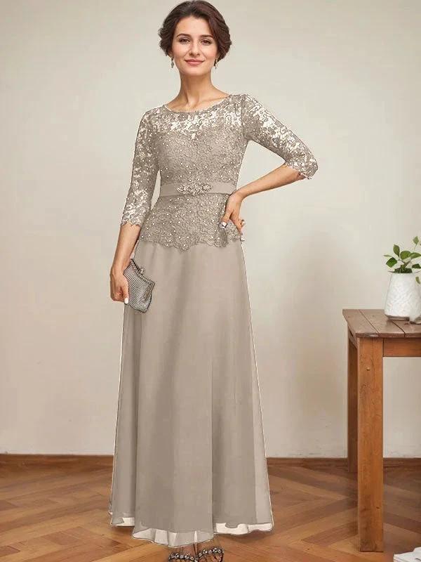 A-line Scoop Illusion Ankle-Length Chiffon Lace Mother of the Bride Dress With Rhinestone Beading by Dreamylily