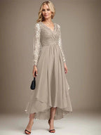 A-line V-Neck Asymmetrical Lace Chiffon Mother of the Bride Dress by Dreamylily