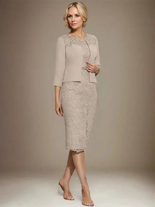 Sheath/Column Scoop Knee-Length Chiffon Lace Mother of the Bride Dress With Beading by Dreamylily