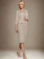 Sheath/Column Scoop Knee-Length Chiffon Lace Mother of the Bride Dress With Beading by Dreamylily