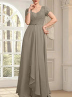 A-line Sweetheart Floor-Length Chiffon Lace Mother of the Bride Dress With Beading Cascading Ruffles by Dreamylily