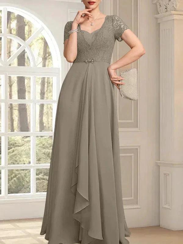 A-line Sweetheart Floor-Length Chiffon Lace Mother of the Bride Dress With Beading Cascading Ruffles by Dreamylily