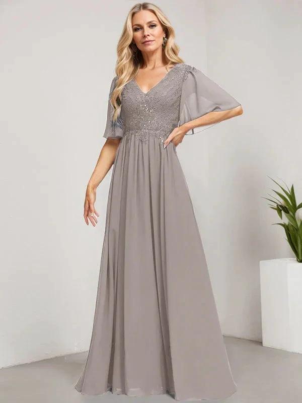 A-line V-Neck Floor-Length Lace Chiffon Mother of the Bride Dress With Sequins by Dreamylily