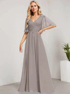 A-line V-Neck Floor-Length Lace Chiffon Mother of the Bride Dress With Sequins by Dreamylily