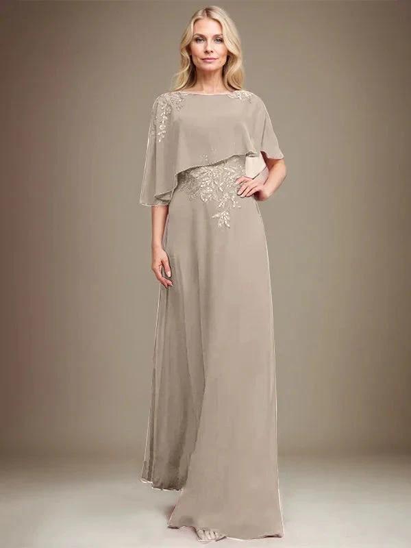 A-line Scoop Floor-Length Chiffon Lace Mother of the Bride Dress With Sequins Beading by Dreamylily