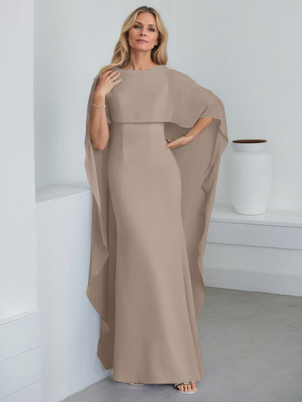 Bodenlanges Etui-Kleid aus Chiffon mit U-Ausschnitt und kaskadierenden Rüschen 