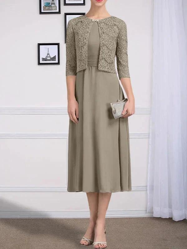 A-line Scoop Tea-Length Chiffon Mother of the Bride Dress With Pleated by Dreamylily