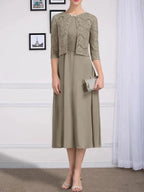 A-line Scoop Tea-Length Chiffon Mother of the Bride Dress With Pleated by Dreamylily