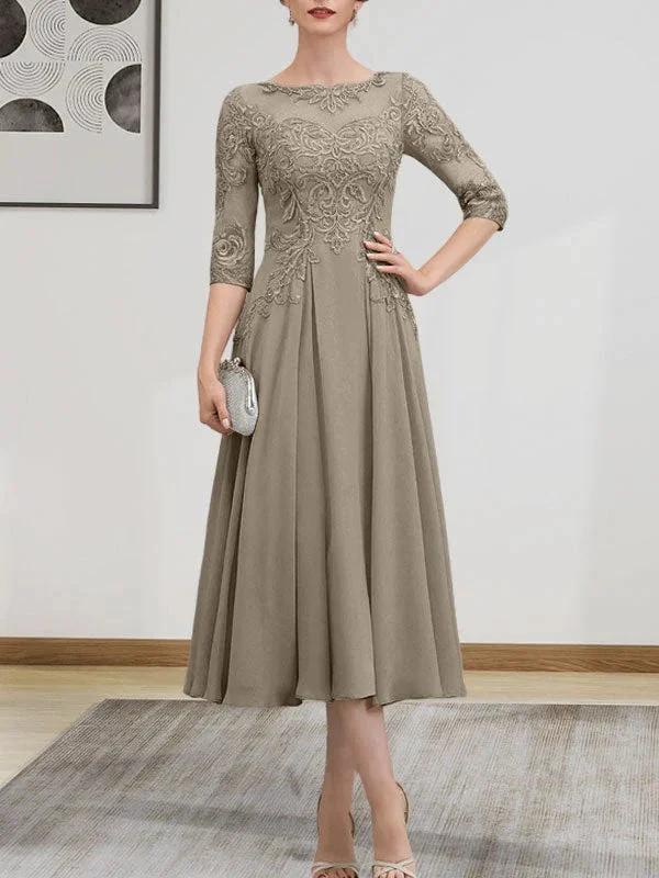 A-line Scoop Illusion Tea-Length Chiffon Lace Mother of the Bride Dress With Beading Sequins by Dreamylily