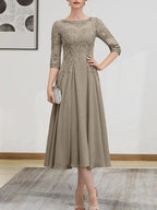 A-line Scoop Illusion Tea-Length Chiffon Lace Mother of the Bride Dress With Beading Sequins by Dreamylily