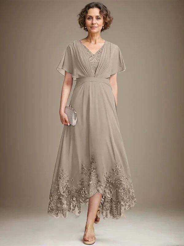 A-line V-Neck Asymmetrical Lace Chiffon Mother of the Bride Dress With Pleated by Dreamylily