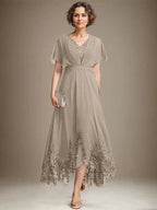 A-line V-Neck Asymmetrical Lace Chiffon Mother of the Bride Dress With Pleated by Dreamylily