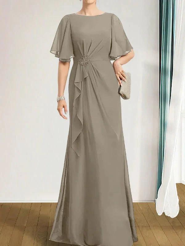 A-line Scoop Floor-Length Chiffon Mother of the Bride Dress With Cascading Ruffles Beading Sequins by Dreamylily