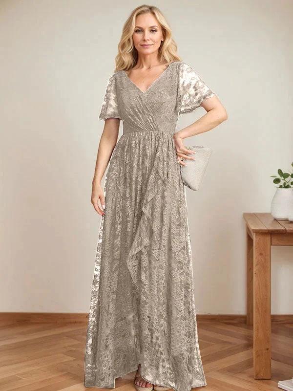 A-Line V-Neck Asymmetrical Lace Mother of the Bride Dress With Cascading Ruffles by Dreamylily