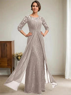 A-Line Scoop Illusion Floor-Length Lace Chiffon Mother Of the Bride Dress With Beading Ruffles by Dreamylily