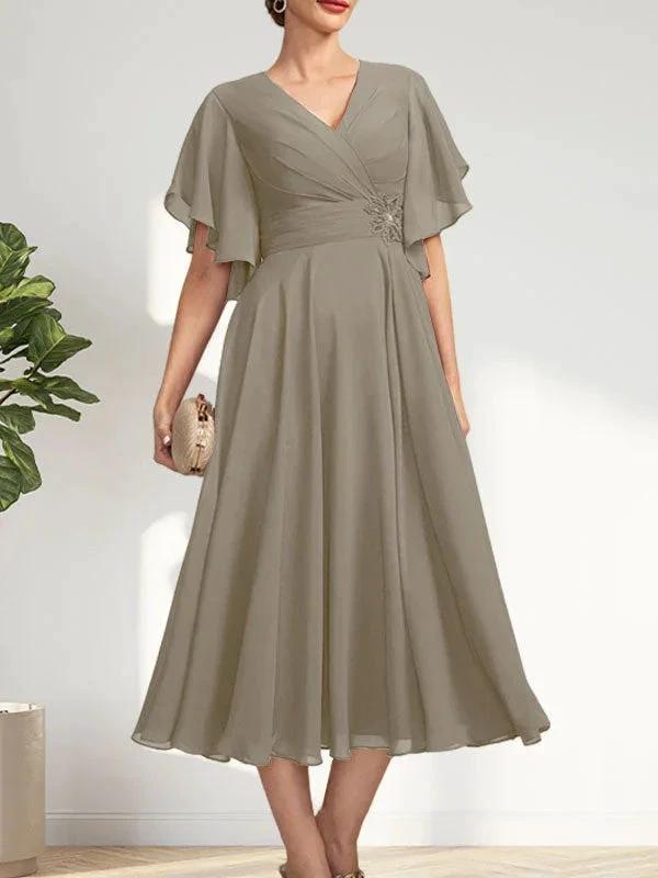 A-line V-Neck Tea-Length Chiffon Mother of the Bride Dress With Pleated Beading by Dreamylily