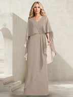 A-line V-Neck Floor-Length Chiffon Mother of the Bride Dress With Cascading Ruffles Beading by Dreamylily