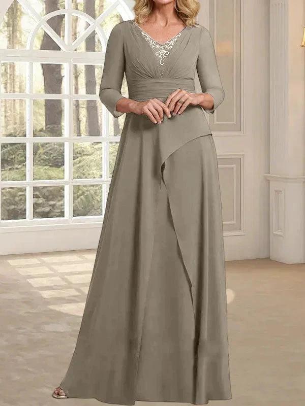 A-line V-Neck Floor-Length Chiffon Mother of the Bride Dress With Pleated Beading by Dreamylily