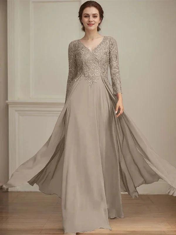A-line V-Neck Floor-Length Lace Chiffon Mother of the Bride Dress With Sequins by Dreamylily