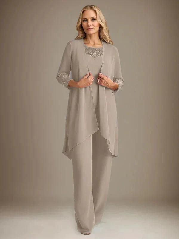 Chiffon Scoop Long Sleeves Mother Of The Bride Pantsuits With Jacket by Dreamylily