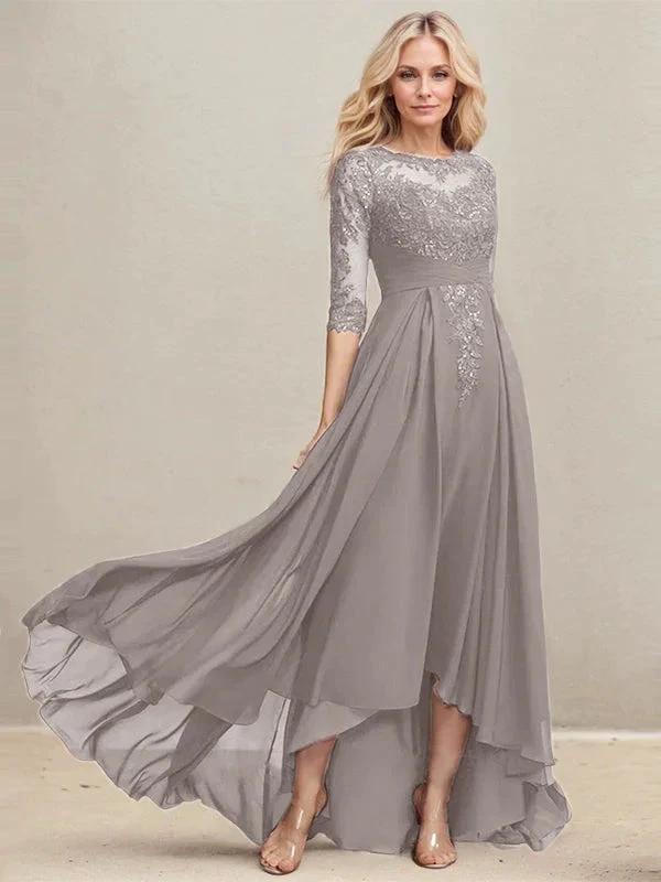 A-line Scoop Illusion Asymmetrical Lace Chiffon Mother of the Bride Dress With Pleated Sequins by Dreamylily